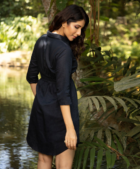 Navy Waist Gathered Curved Hem Linen Dress